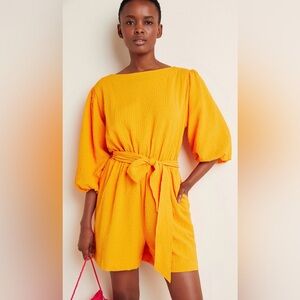 Anthropologie Francesca Balloon-Sleeve Textured Romper Sunny Orange XL
